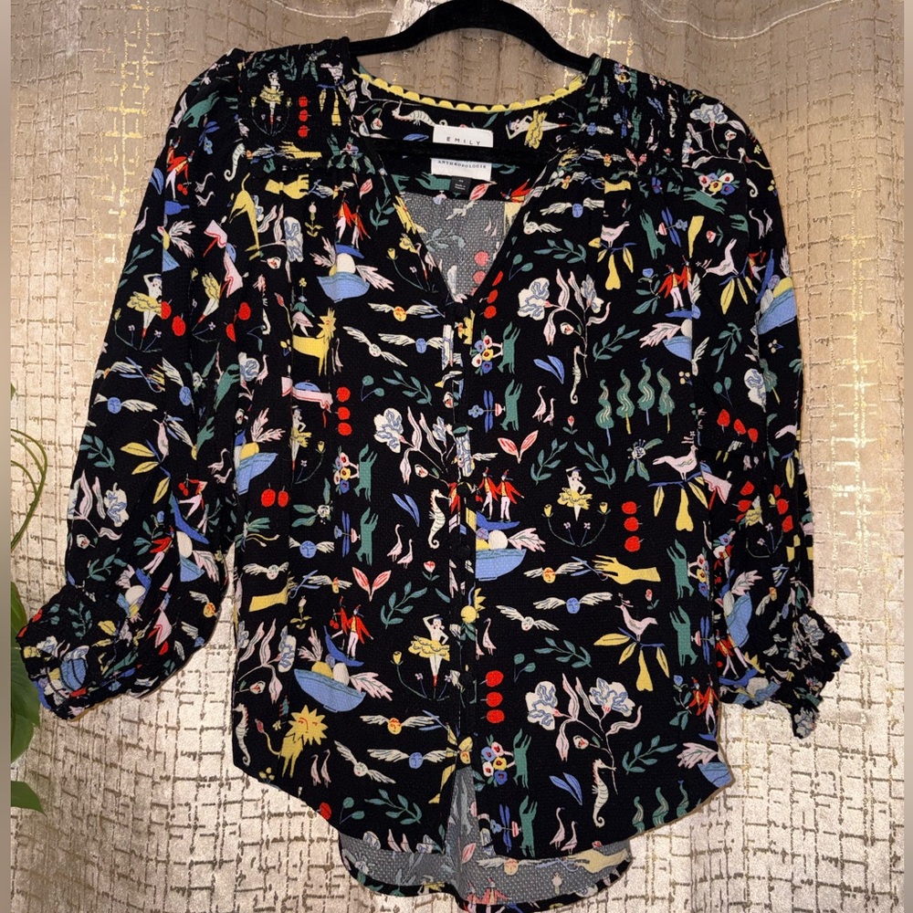 Emily Isabella Anthropologie Black Whimsical Print Blouse XS